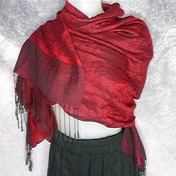 Pashmina - Reversable, Silk Blend, 90s Vintage, Red Black Exotic - Picture 5 of 11